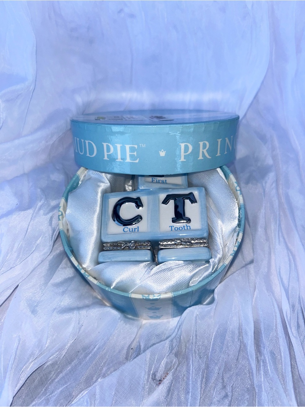 Mud Pie First Curl & First Tooth Holder Ceramic Princess for boy blue